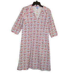 J McLaughlin Dress Womens 14 Blue Red Pink Orange Print 3/4 Sleeve V Neck Preppy